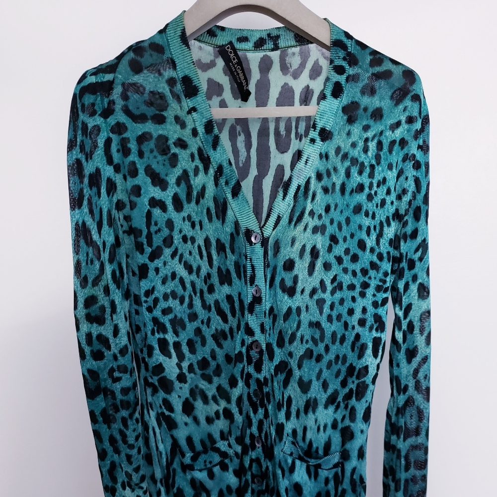 Rare Vintage DOLCE GABBANA Green Leopard Print Silk Top Blouse Sz 40